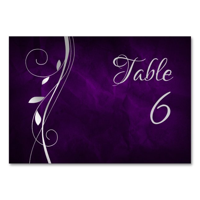 Silver Leaf Swirl Deep Purple Wedding Table Number (Front)