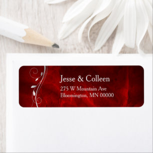 Silver Leaf Swirl Deep Red Wedding Return Label