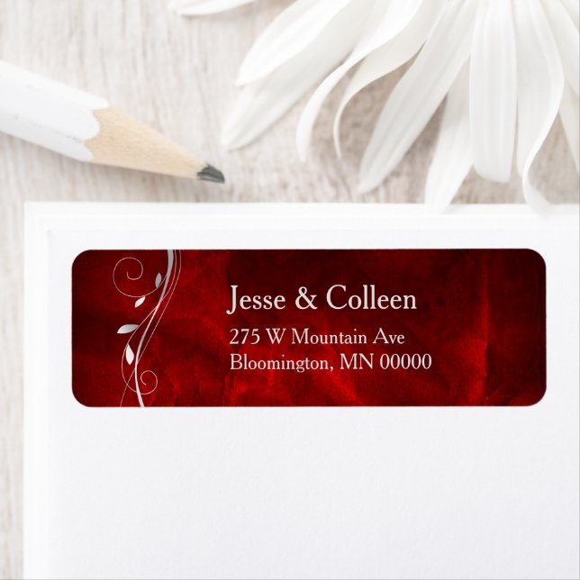 Silver Leaf Swirl Deep Red Wedding Return Label (Insitu)