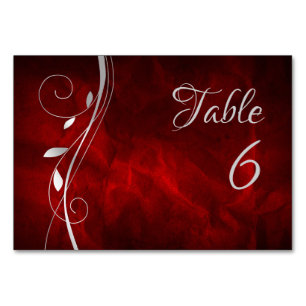 Silver Leaf Swirl Deep Red Wedding Table Number
