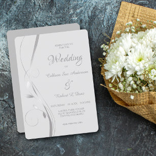 Silver Leaf Swirl Pale Grey Wedding Invitation