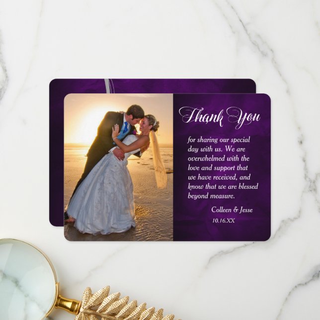 Silver Leaf Swirl Purple Photo Wedding Thank You Card (Front/Back In Situ)