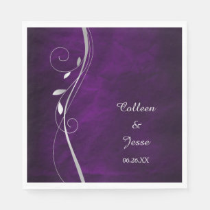 Silver Leaf Swirl Purple Wedding Napkin