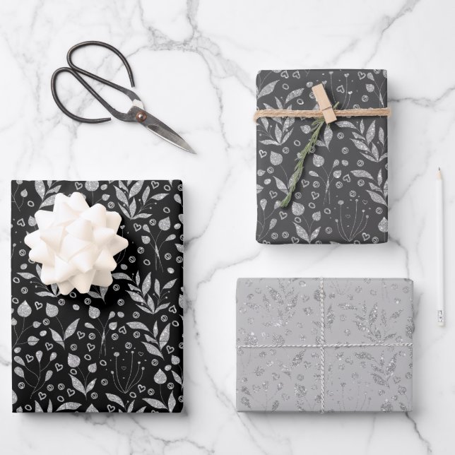 Silver Leaves Black and Grey Wrapping Paper Sheet (Front)