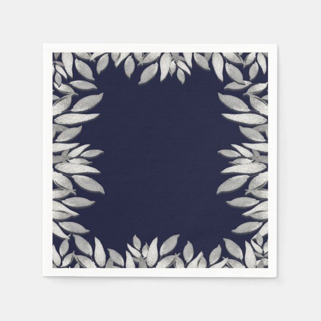 Silver Leaves Botanical Glam Blue Pink Wedding Napkin (Front)