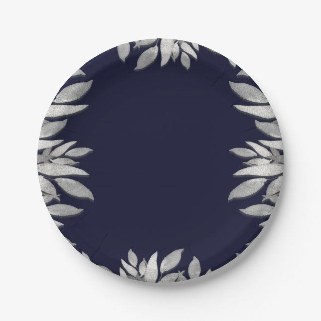 Silver Leaves Botanical Glam Blue Pink Wedding Paper Plate (Front)