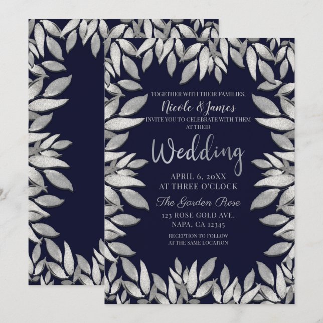 Silver Leaves Botanical Glam Blue Wedding Invitation (Front/Back)