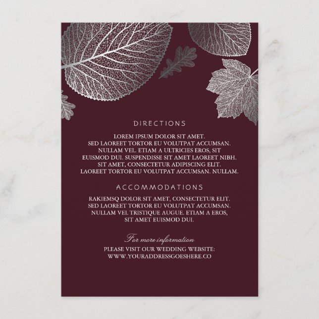 Silver Leaves Burgundy Wedding Details-Information Enclosure Card (Front)