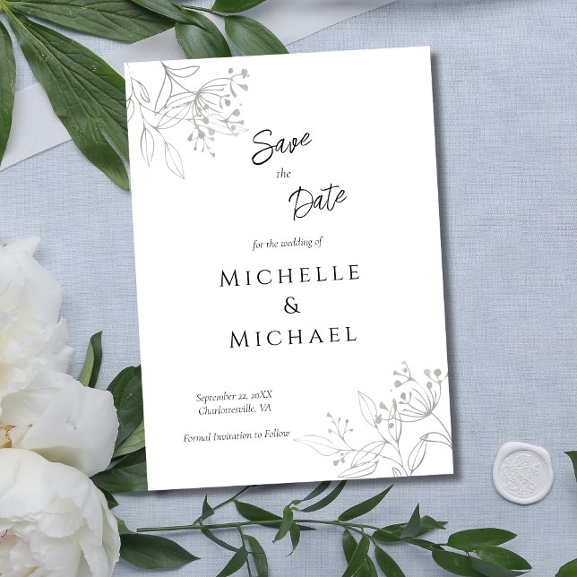Silver Leaves Floral Botanical  Elegant Wedding  Save The Date (Silver Gray Botanical Floral Formal Minimalist Wedding Save the Date)