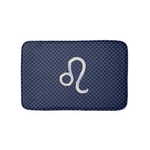 Silver Leo Symbol on Navy Blue Carbon Fibre Print Bath Mat