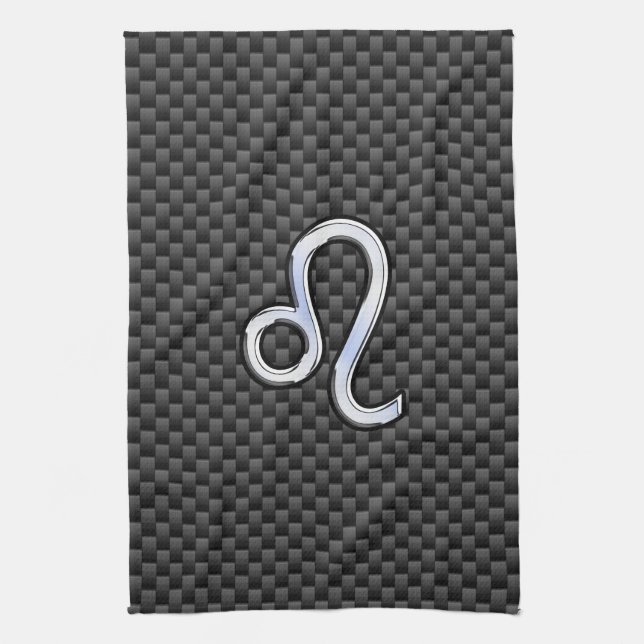 Silver Leo Zodiac Symbol Charcoal Carbon Fiber Tea Towel (Vertical)
