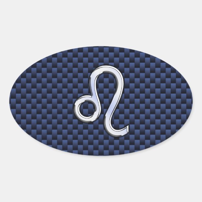 Silver Leo Zodiac Symbol Navy Carbon Fibre Print Oval Sticker (Front)