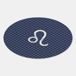 Silver Leo Zodiac Symbol Navy Carbon Fibre Print Oval Sticker