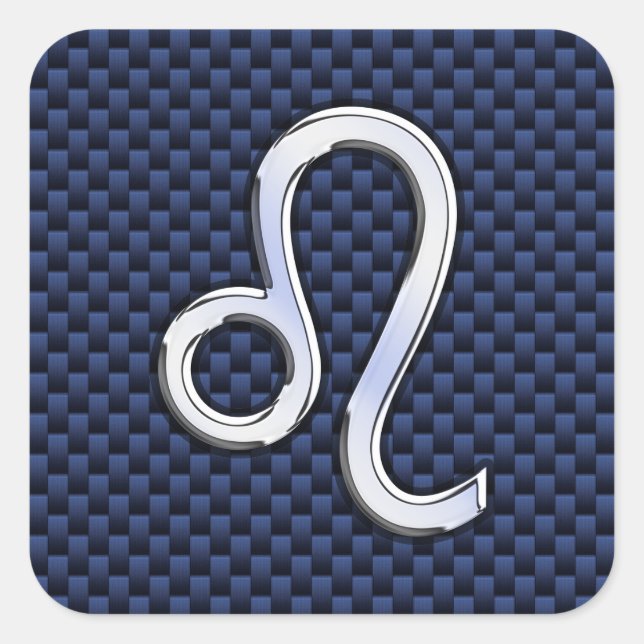 Silver Leo Zodiac Symbol Navy Carbon Fibre Print Square Sticker (Front)