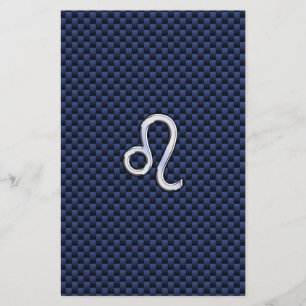 Silver Leo Zodiac Symbol Navy Carbon Fibre Print Stationery