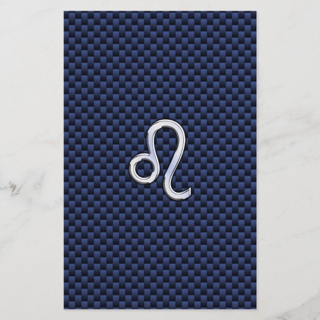 Silver Leo Zodiac Symbol Navy Carbon Fibre Print Stationery (Front)