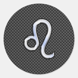 Silver Leo Zodiac Symbol on Carbon Fibre Print Classic Round Sticker