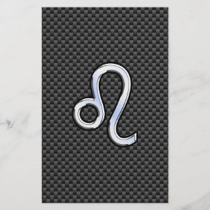 Silver Leo Zodiac Symbol on Carbon Fibre Print Stationery
