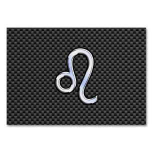 Silver Leo Zodiac Symbol on Carbon Fibre Print Table Number