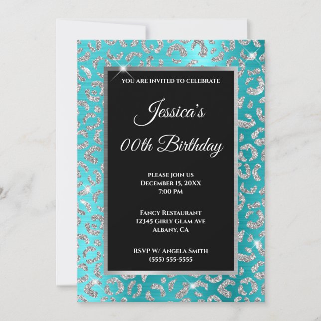 Silver Leopard Glitter Turquoise Blue Birthday Invitation (Front)