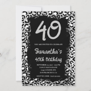 Silver Leopard Painted Black 40th Birthday Invitation