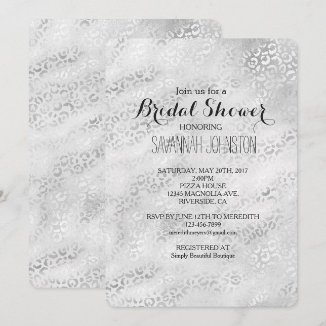 Silver Leopard Print bridal shower Invitation (Front/Back)