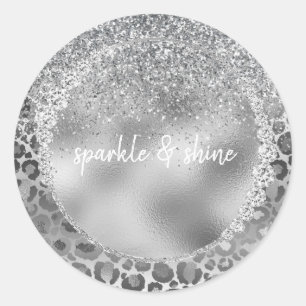 Silver Leopard Print Glitzy Sparkle Diamonds Classic Round Sticker