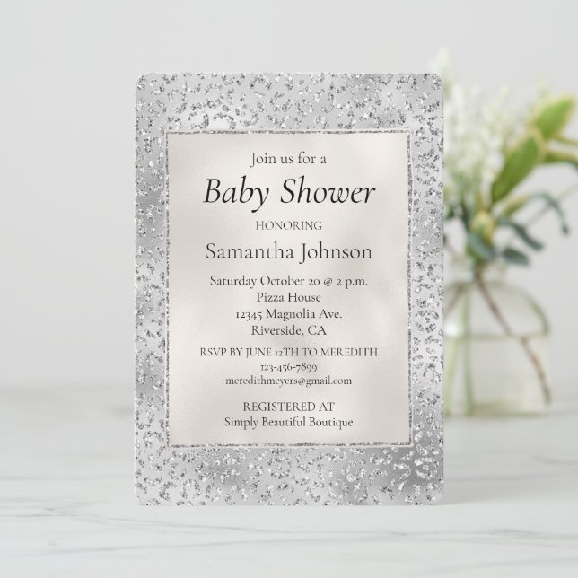 Silver Leopard Print Luxe Glitter Invitation (Standing Front)