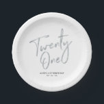 Silver Lettering Twenty one 21st birthday Party Paper Plate<br><div class="desc">This custom paper plate will add stylish detail to a modern 21st birthday. This design features simple chic silver lettering "Twenty One" with custom text. Matching invitations and party supplies are available in my shop BaraBomDesign.</div>