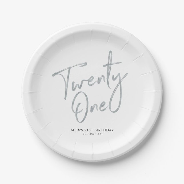 Silver Lettering Twenty one 21st birthday Party Paper Plate (Front)