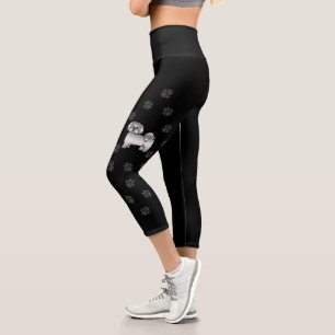 Silver Lhasa Apso Cute Cartoon Dog & Paws Capri Leggings