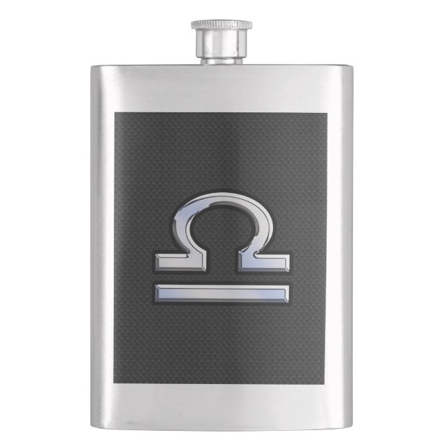 Silver Libra Zodiac Sign on black snake skin style Hip Flask (Front)