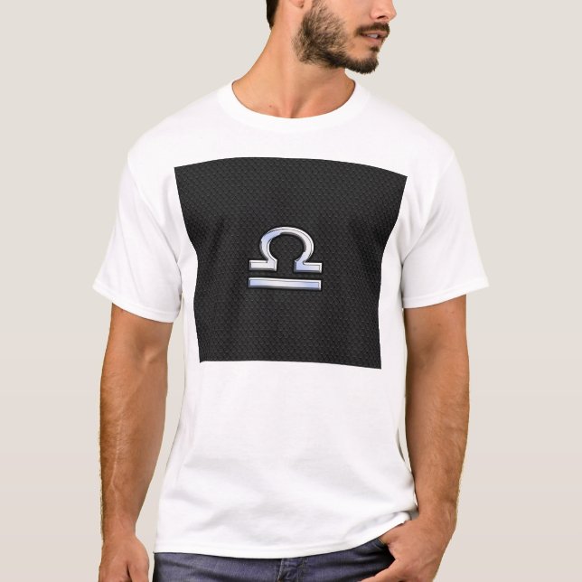 Silver Libra Zodiac Sign on black snake skin style T-Shirt (Front)