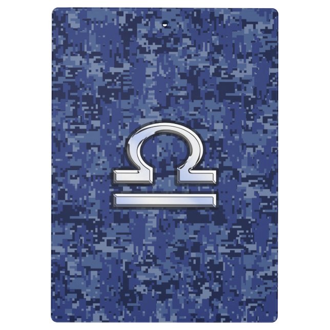 Silver Libra Zodiac Sign on blue digital camo Clipboard (Back)
