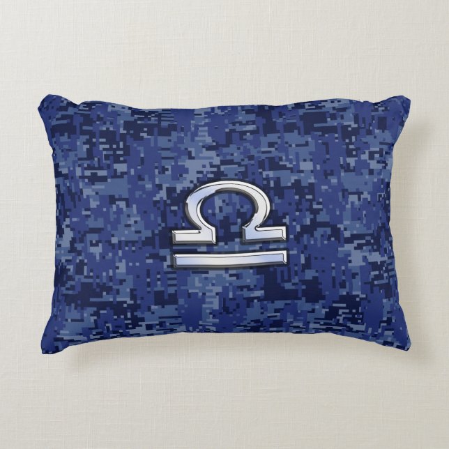 Silver Libra Zodiac Sign on blue digital camo Decorative Cushion (Front)