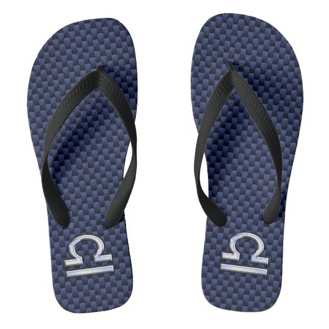 Silver Libra Zodiac Symbol Navy Blue Carbon Fibre Flip Flops (Footbed)