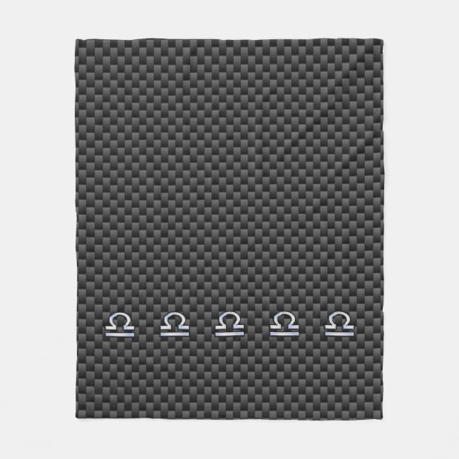 Silver Libra Zodiac Symbol on Carbon Fiber Print Fleece Blanket (Front)