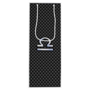Silver Libra Zodiac Symbol on Carbon Fibre Print Wine Gift Bag