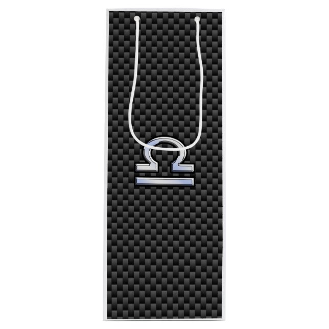 Silver Libra Zodiac Symbol on Carbon Fibre Print Wine Gift Bag (Front)