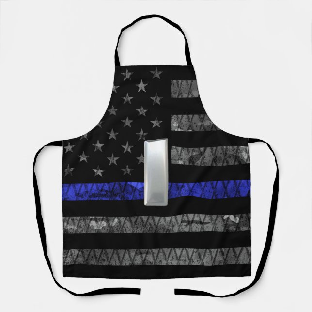 (Silver) Lieutenant Thin Blue Line Distressed Flag Apron (Front)
