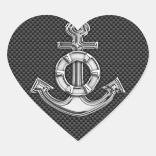 Silver Lifesaver Anchor on Black Carbon Fibre Heart Sticker