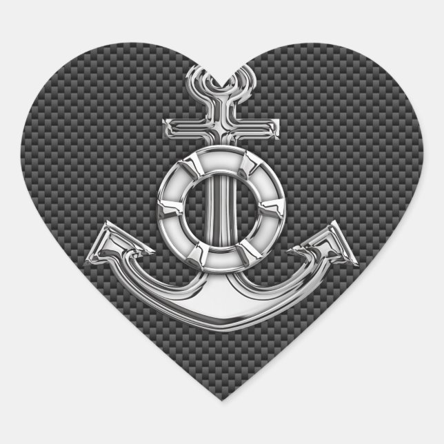 Silver Lifesaver Anchor on Black Carbon Fibre Heart Sticker (Front)