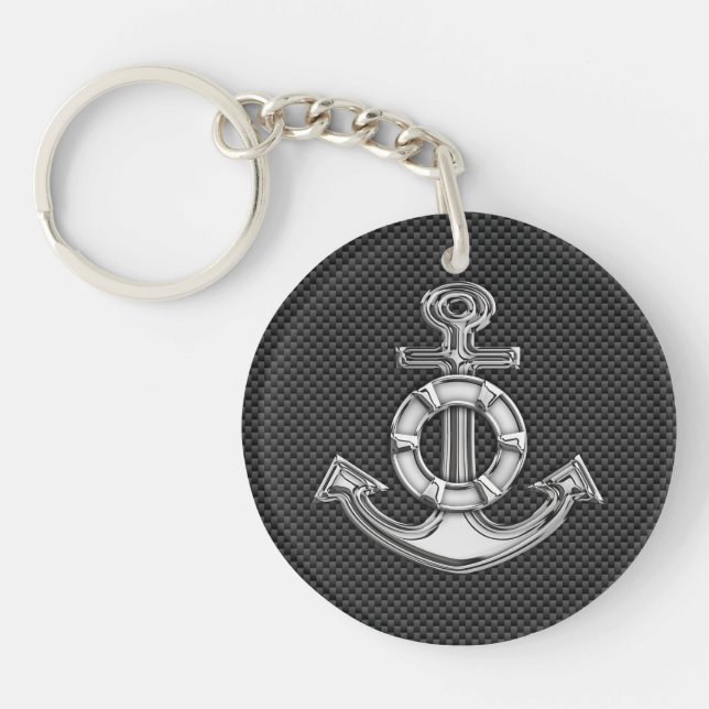 Silver Lifesaver Anchor on Black Carbon Fibre Key Ring (Front)
