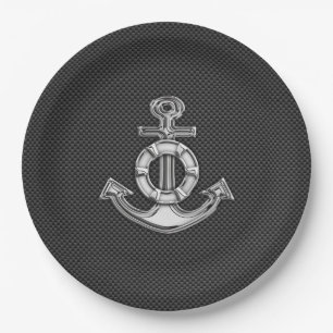 Silver Lifesaver Anchor on Black Carbon Fibre Paper Plate
