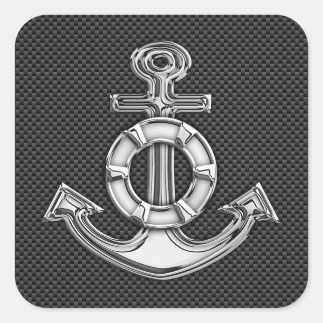 Silver Lifesaver Anchor on Black Carbon Fibre Square Sticker (Front)