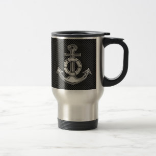 Silver Lifesaver Anchor on Black Carbon Fibre Travel Mug