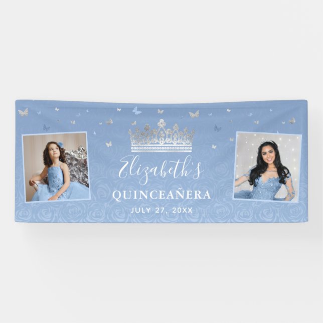 Silver Light Baby Blue Photo Birthday Quinceanera Banner (Horizontal)