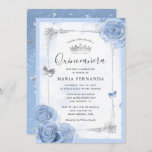 Silver Light Baby Blue Roses Elegant Quinceanera Invitation<br><div class="desc">Elegant light baby blue and silver quinceanera invitations that can be easily personalised for a sweet 15/15 birthday party! The pastel blue luxurious design features silver butterfly confetti along with light blue watercolor roses painted by Raphaela Wilson. On on both sides of the card, a fancy scrolled gown/dresses border accents...</div>