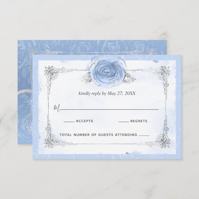 Silver Light Baby Blue Roses Elegant RSVP Card (Front/Back)