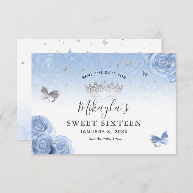 Silver Light Baby Blue Roses Elegant Save The Date (Front/Back)
